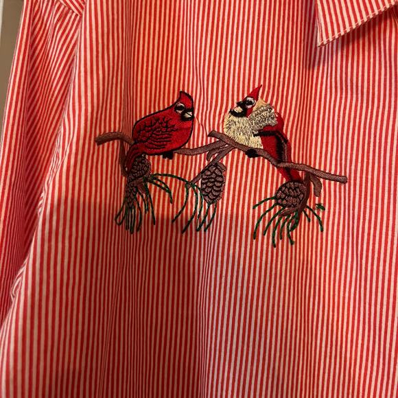 Country Store Catalog Red Striped Shirt M Embroidered Cardinals Cotton Birds - Picture 8 of 9